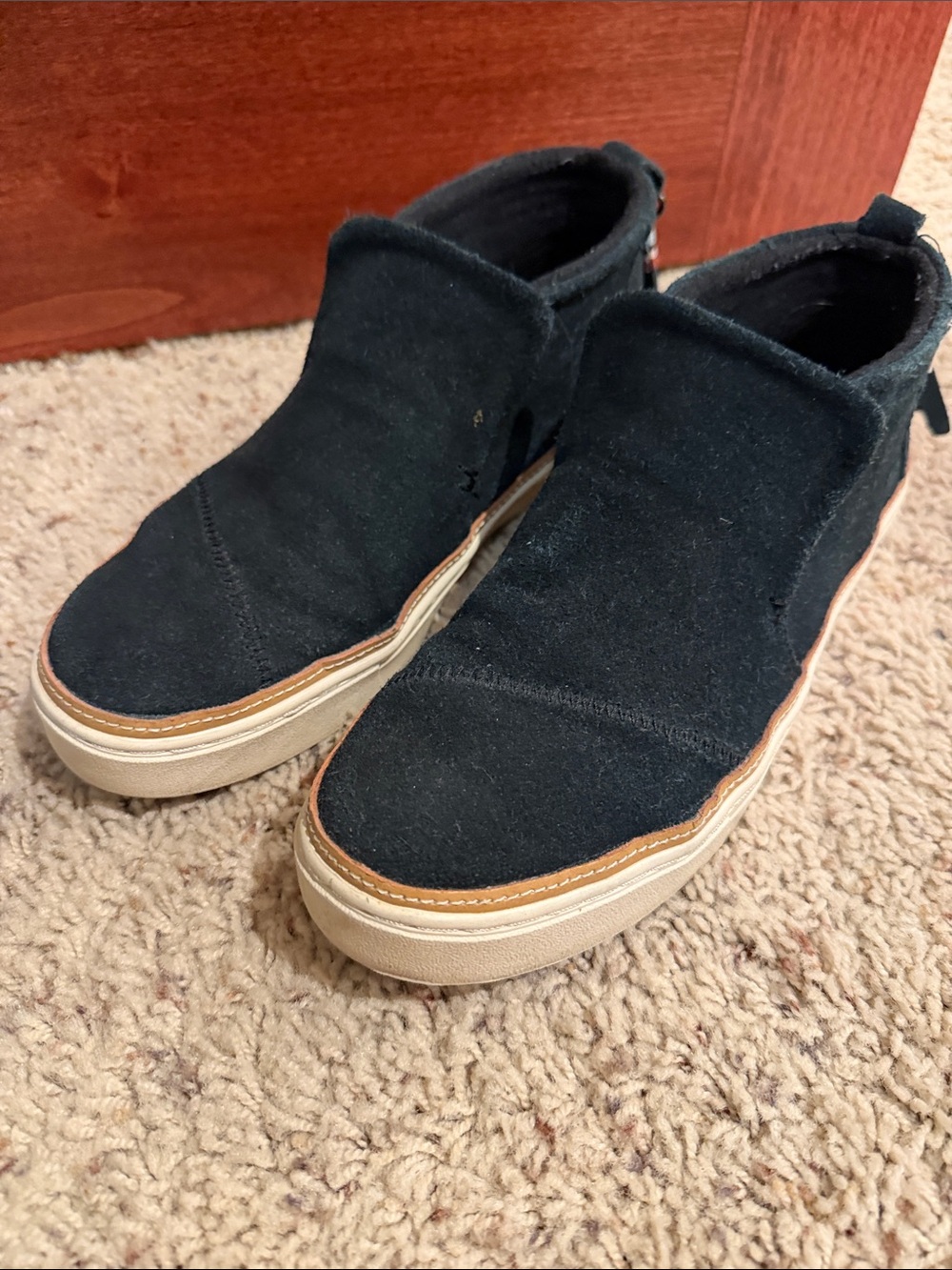 Toms Black Suede Slip-On Ankle Booties with Tan Trim